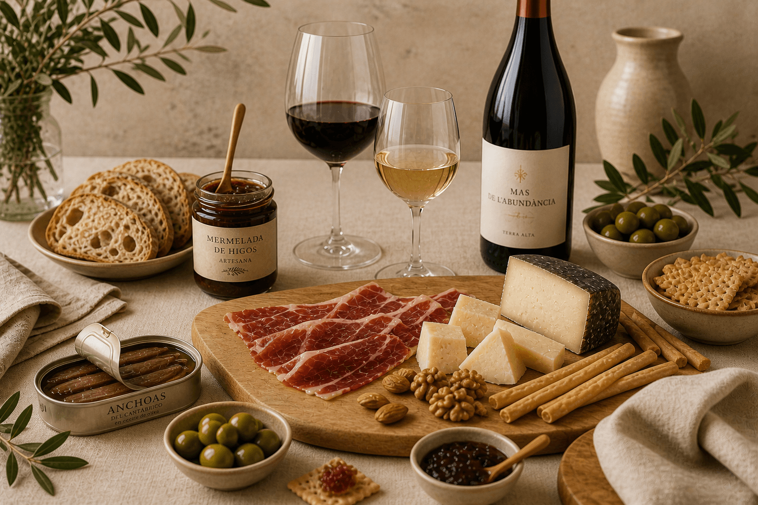 Mesa mediterránea con productos gourmet